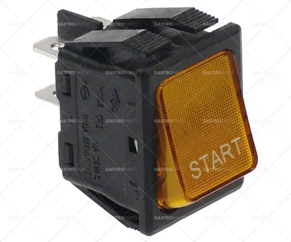 Ověřený tlačítko rozměr 30x22mm oranžové 2NO 250V 16A osvětlené spojení START Flat konektor 6,3mm