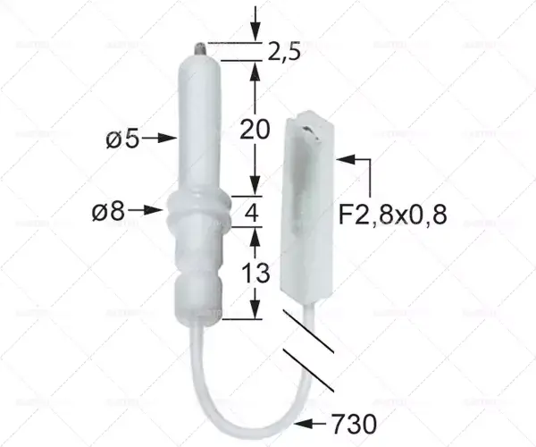 Cenově Výhodný zapalovací elektroda D1 ø 5mm délka kabelu 730mm připojení F 2,8x0,8mm D2 ø 8mm L1 2,5mm BL1 20mm
