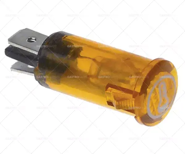 Aktuální světelný indikátor ø 12 mm žlutý 230V přípojka samec faston 6,3 mm teploměr