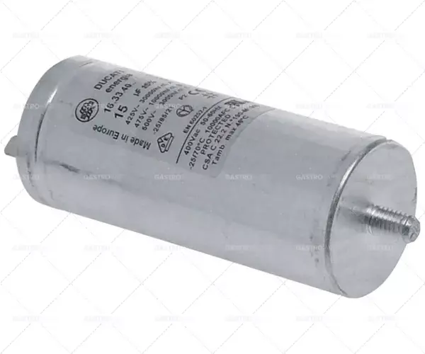Ověřený provozní kondenzátor, kapacita 15µf 450V s kovovým pouzdrem tolerance 5% 50/60Hz ø 40mm