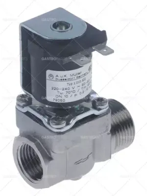 Pouze Dnes elektromagnetický ventil SS 230 VAC vstup 3/4" výstup 1/2" připojení vnější faston 6,3 mm L 57 mm dvoucestný