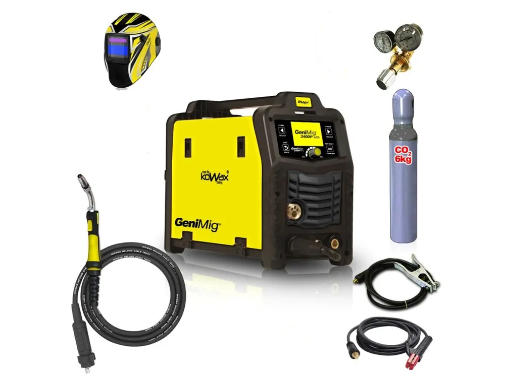 Koupit Online KOWAX GeniMig 240DP LCD, MIG/MAG/LiftTIG, Double Pulz, SYN, JOB18, 2T/4T/S4T, 4kl + kabely + hořák + kukla + ventil + láhev CO2 plná