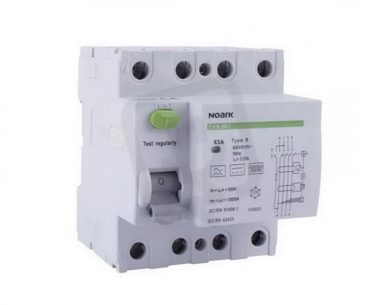 Ověřený Proudový chránič NOARK 110229 EX9LB63 10kA, 3P+N, 63A, 300mA, typ B